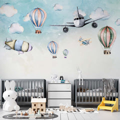Watercolor airplanes, airship and hot air balloons wall mural – view 4