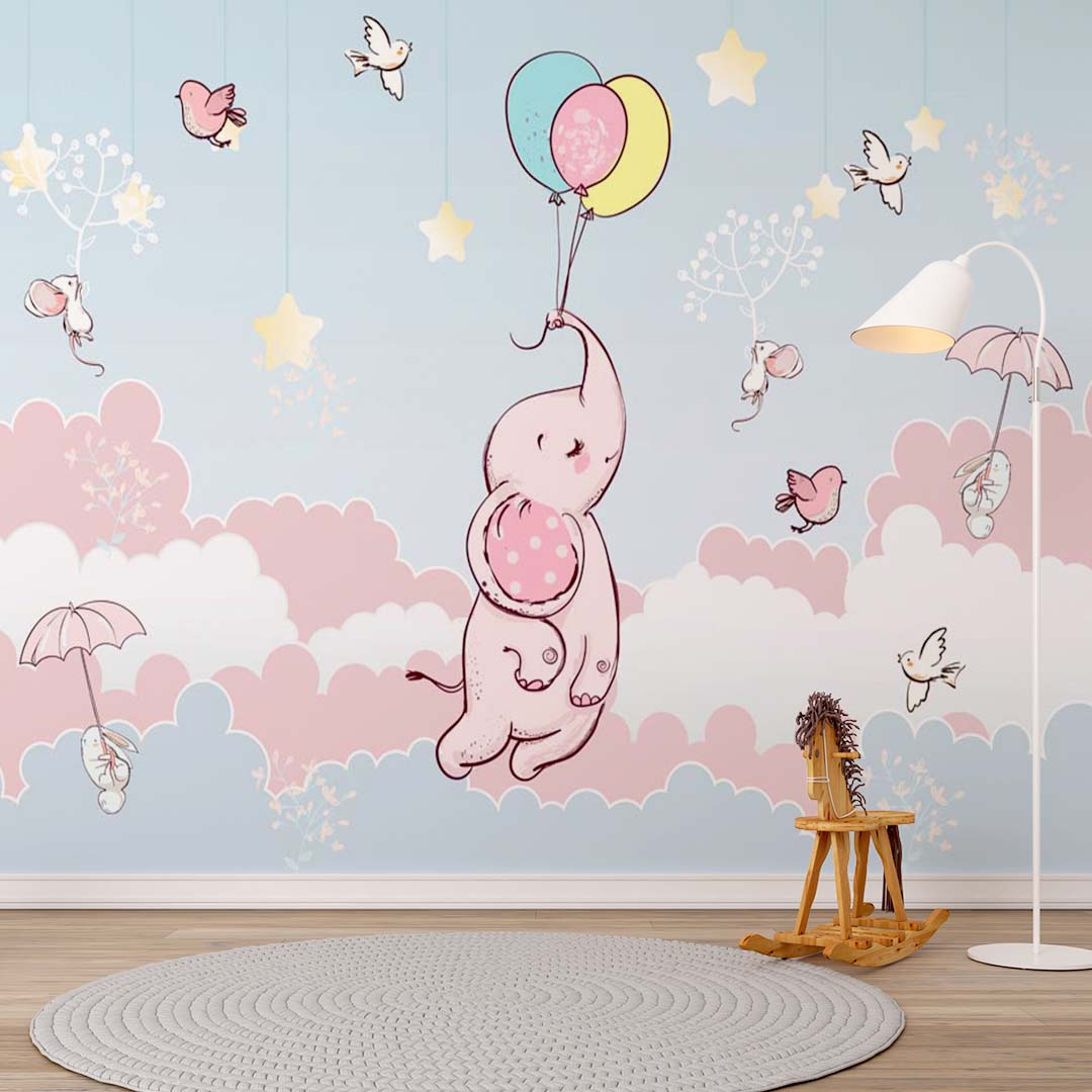 Custom Wall Murals Elephant Pink Blue Clouds Hot Air Balloons Stars Birds Wallpaper for Kids