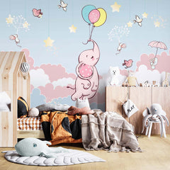 Custom Wall Murals Elephant Pink Blue Clouds Hot Air Balloons Stars Birds Wallpaper for Kids