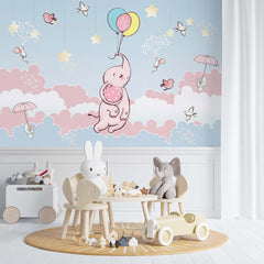 Custom Wall Murals Elephant Pink Blue Clouds Hot Air Balloons Stars Birds Wallpaper for Kids