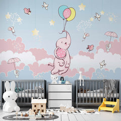 Custom Wall Murals Elephant Pink Blue Clouds Hot Air Balloons Stars Birds Wallpaper for Kids