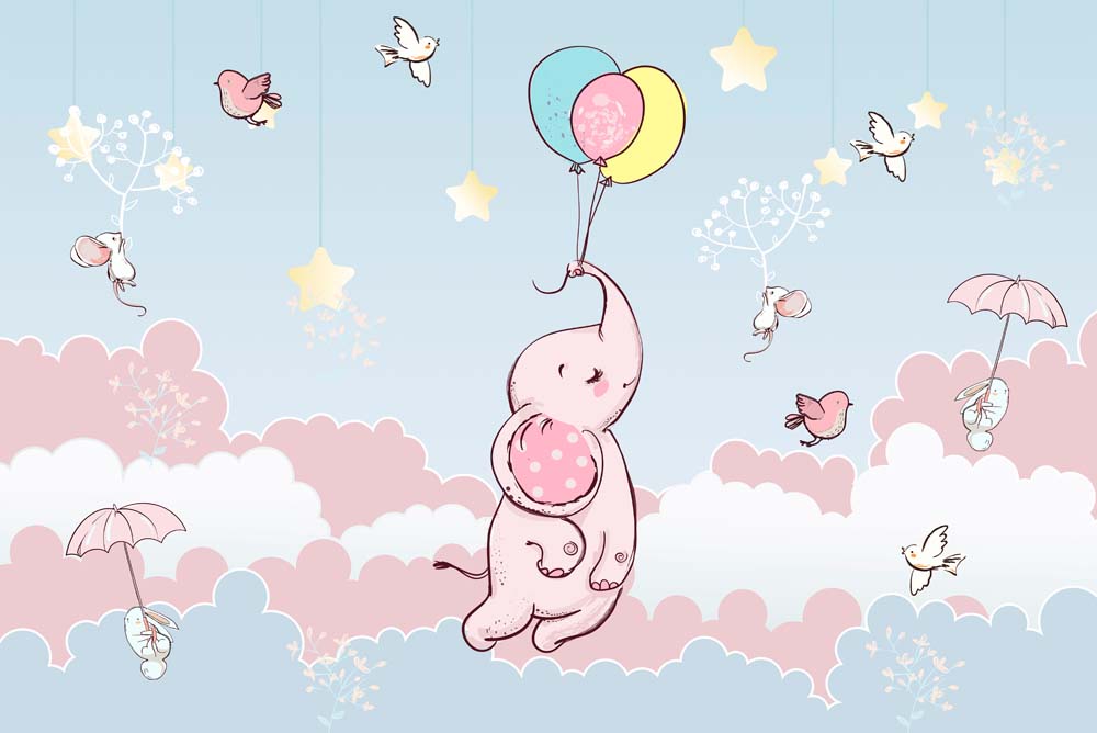 Roze olifant met ballonnen – babykamerfotobehang met blauwe hemel