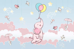 Custom Wall Murals Elephant Pink Blue Clouds Hot Air Balloons Stars Birds Wallpaper for Kids