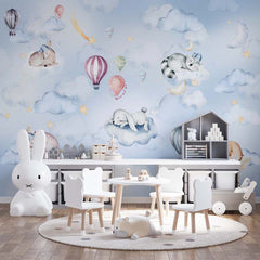 Sleepy animals on clouds with hot air balloons on a blue watercolor sky – view 4