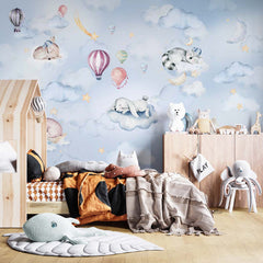 Sleepy animals on clouds with hot air balloons on a blue watercolor sky – view 5