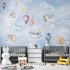 Sleepy animals on clouds with hot air balloons on a blue watercolor sky – view 6