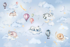 Sleepy animals on clouds with hot air balloons on a blue watercolor sky – view 7