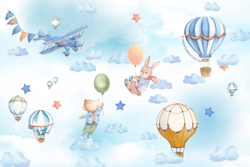 Kids Wall Murals Watercolor Blue Clouds Hot Air Balloons Teddy Bear Wallpaper for Kids