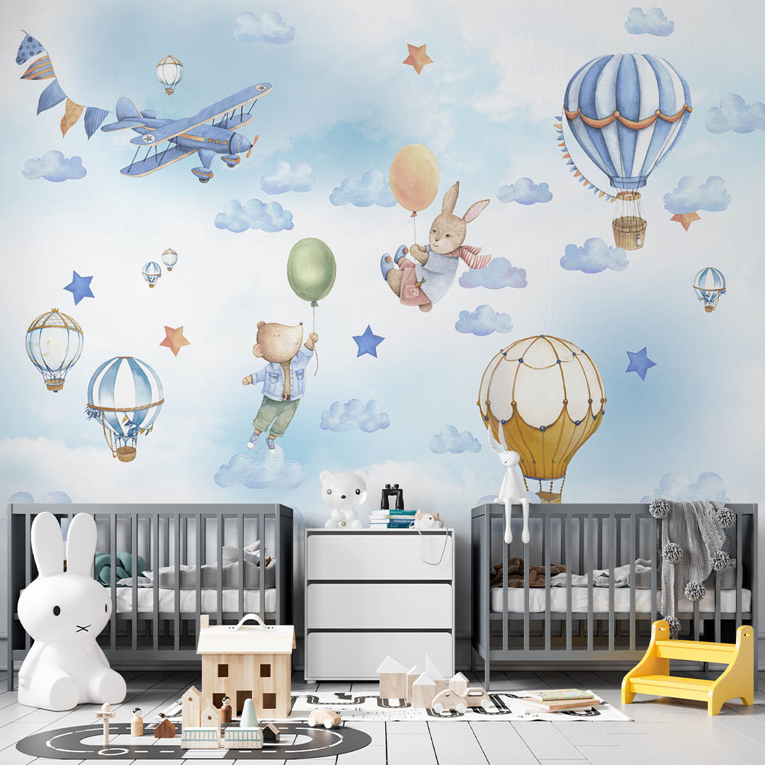 Kids Wall Murals Watercolor Blue Clouds Hot Air Balloons Teddy Bear Wallpaper for Kids