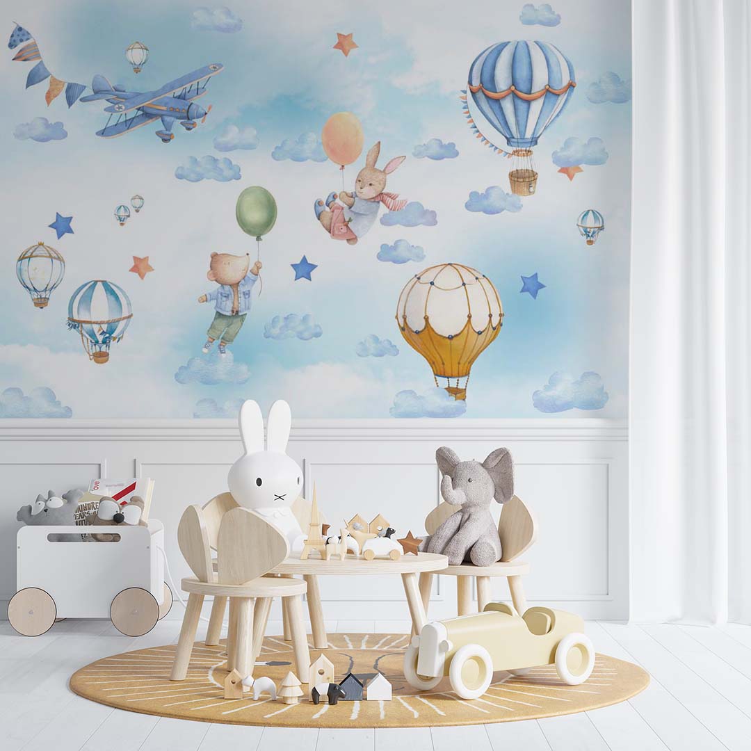 Kids Wall Murals Watercolor Blue Clouds Hot Air Balloons Teddy Bear Wallpaper for Kids