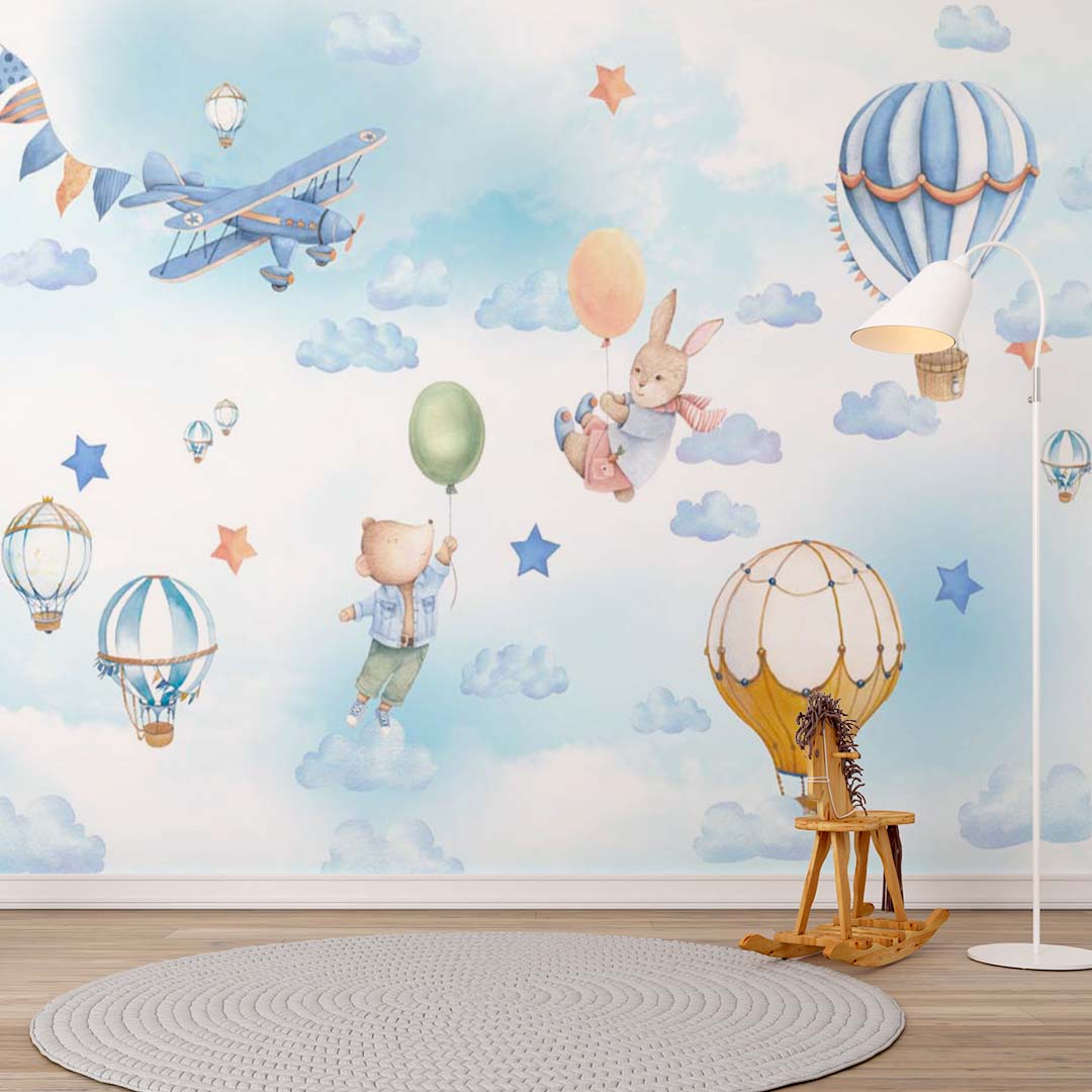 Kids Wall Murals Watercolor Blue Clouds Hot Air Balloons Teddy Bear Wallpaper for Kids