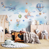 Kids Wall Murals Watercolor Blue Clouds Hot Air Balloons Teddy Bear Wallpaper for Kids