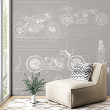 Motorcycle Blueprint Wall Mural Wallpaper - Technical Engineering Design in Grey