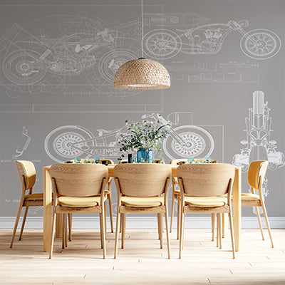 Motorcycle Blueprint Wall Mural Wallpaper - Technical Engineering Design in Grey