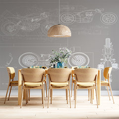 Custom Motorcycle Blueprint Wall Mural Wallpaper - Technical Engineering Design in Grey