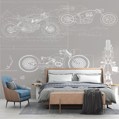 Motorcycle Blueprint Wall Mural Wallpaper - Technical Engineering Design in Grey