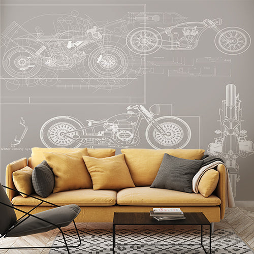 Motorcycle Blueprint Wall Mural Wallpaper - Technical Engineering Design in Grey