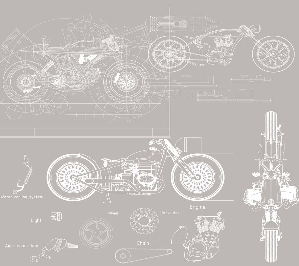 Motorcycle Blueprint Wall Mural Wallpaper - Technical Engineering Design in Grey