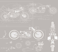 Custom Motorcycle Blueprint Wall Mural Wallpaper - Technical Engineering Design in Grey