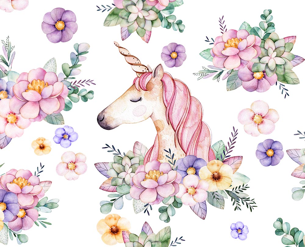 Kids Wall Mural Magic Unicorn with Flowers Princess Nursery Wallpaper