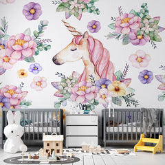 Custom Kids Wall Mural Magic Unicorn with Flowers Princess Nursery Wallpaper