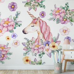 Custom Kids Wall Mural Magic Unicorn with Flowers Princess Nursery Wallpaper