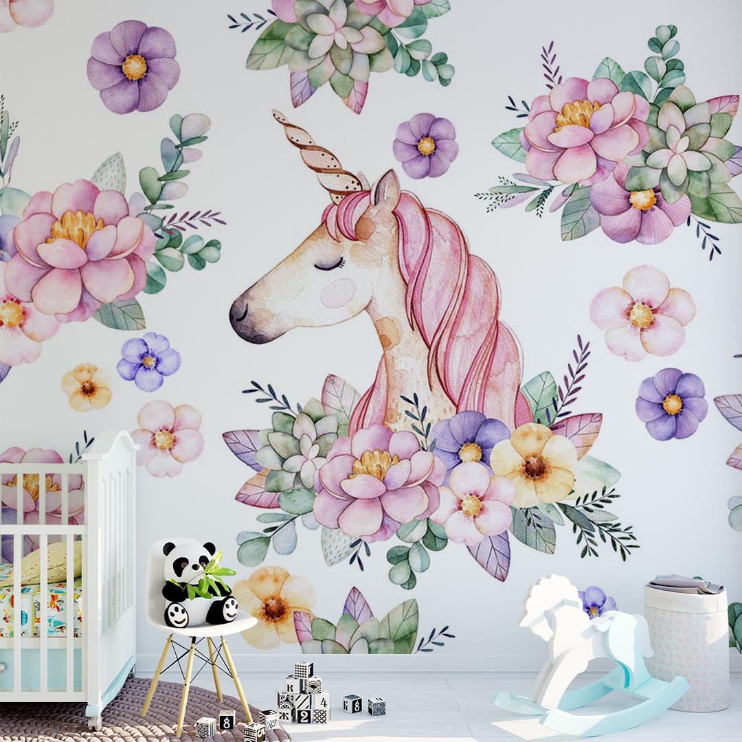 Kids Wall Mural Magic Unicorn with Flowers Princess Nursery Wallpaper