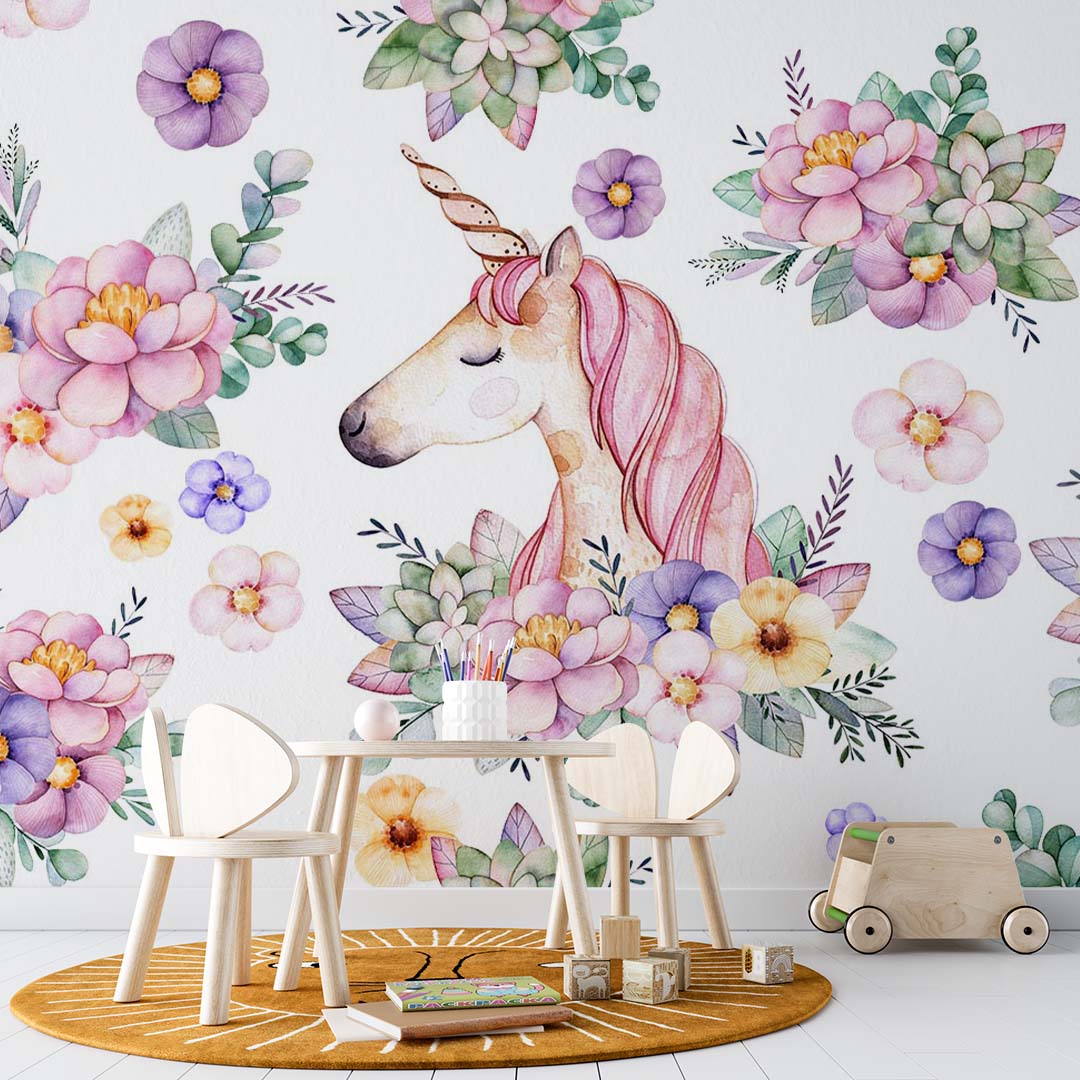 Kids Wall Mural Magic Unicorn with Flowers Princess Nursery Wallpaper