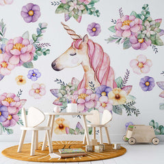 Custom Kids Wall Mural Magic Unicorn with Flowers Princess Nursery Wallpaper