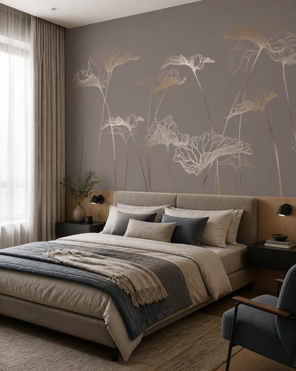 Gold line art flowers wallpaper in a designer bedroom.