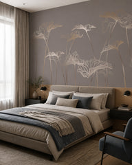 Gold line art flowers wallpaper in a designer bedroom.
