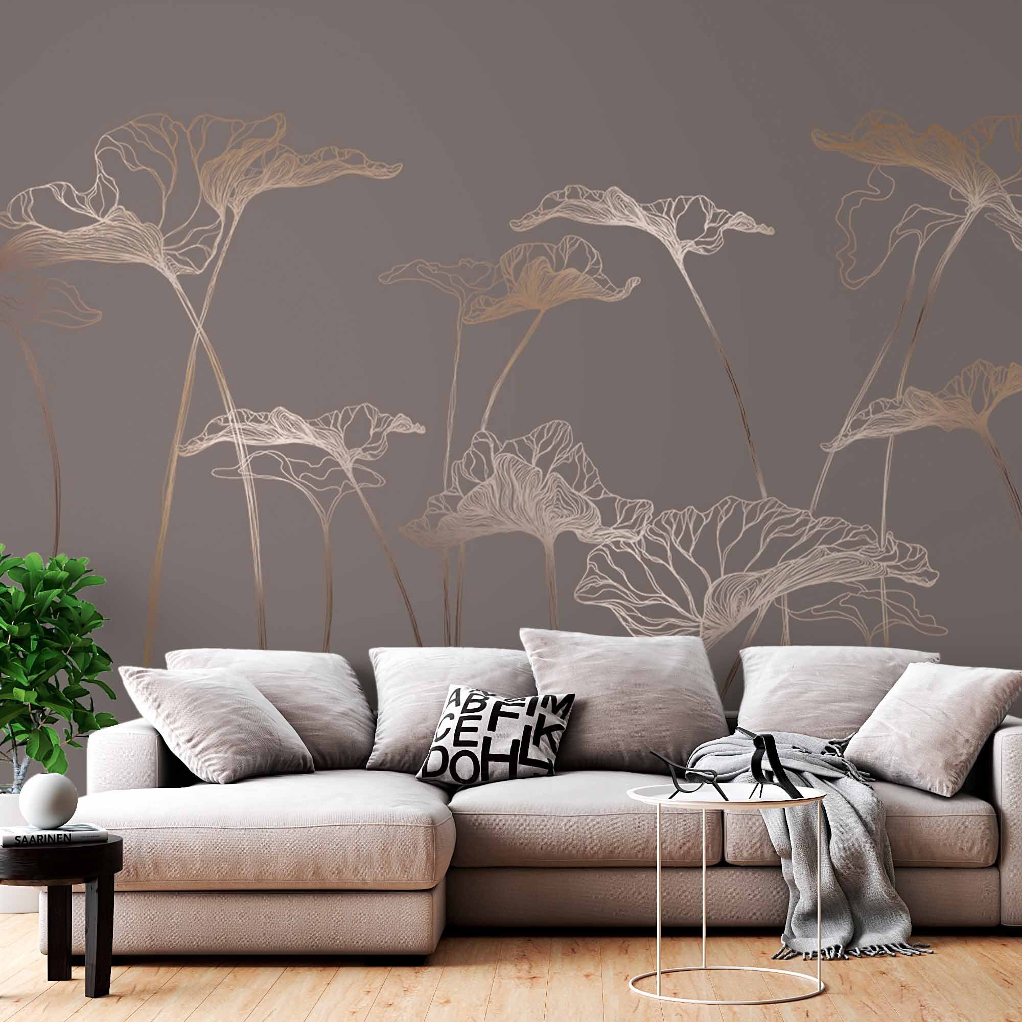 Elegant Gold Outline Floral Wall Mural on Soft Grey Background