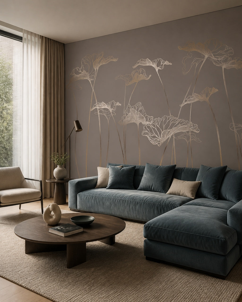 Gold line art flowers wallpaper in a designer living room.