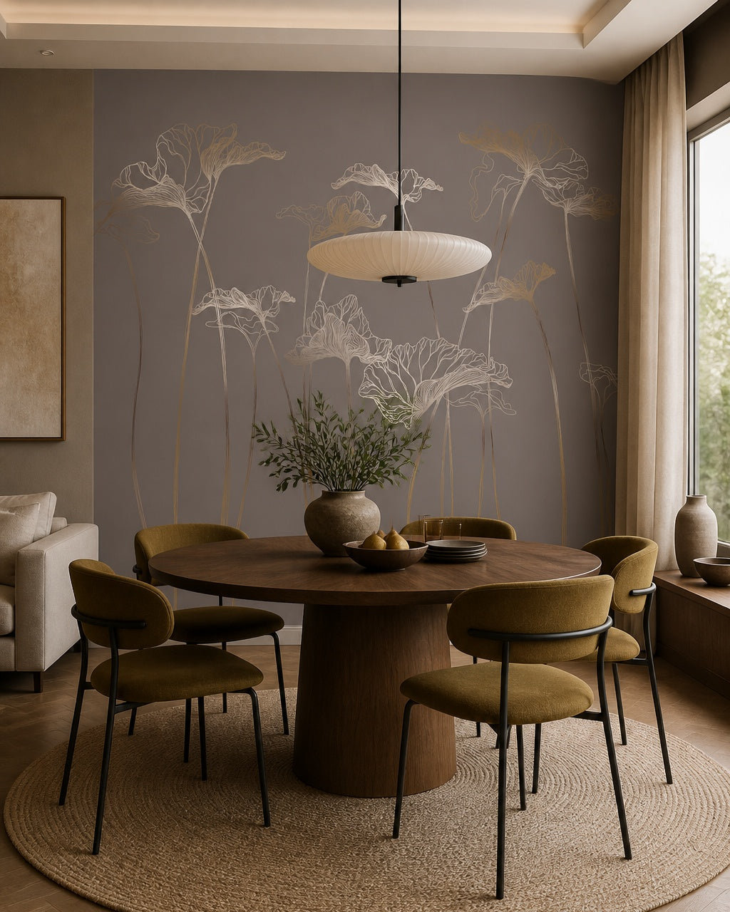 Gold line art flowers wallpaper in a refined dining area.