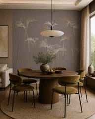 Gold line art flowers wallpaper in a refined dining area.