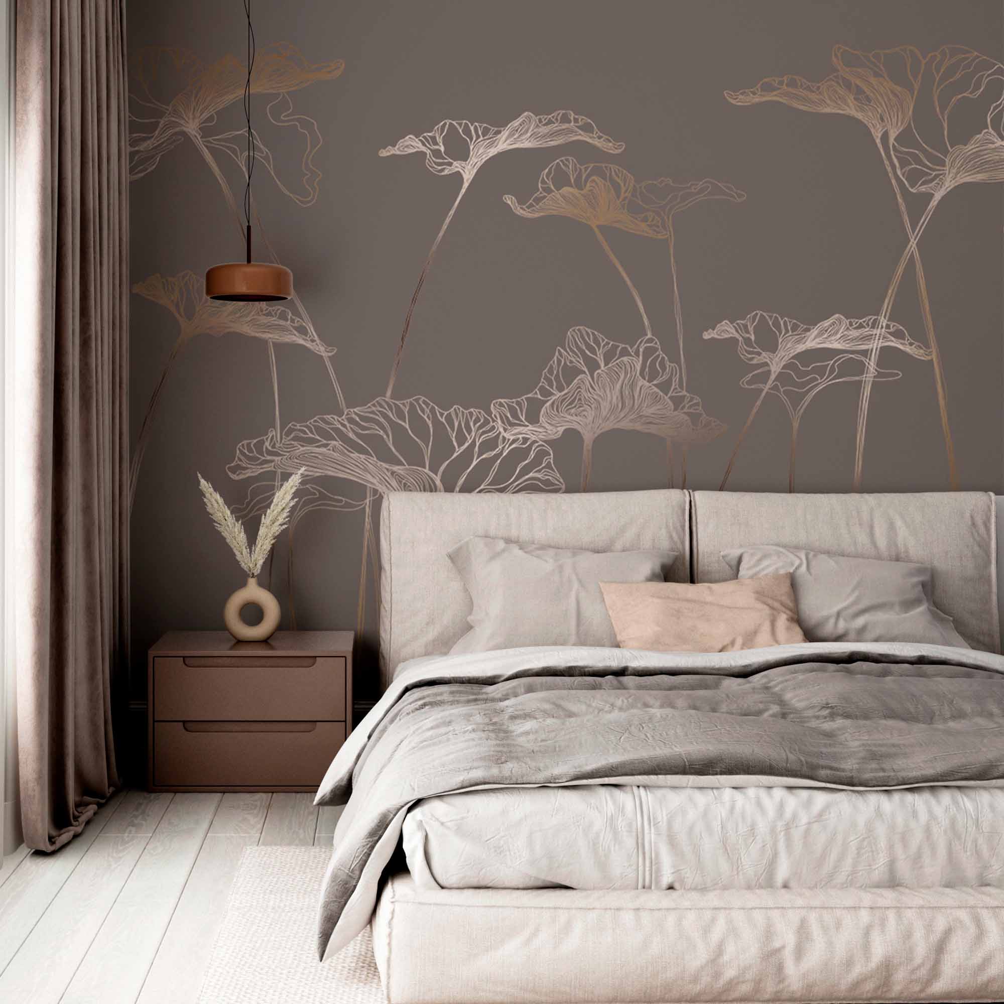 Elegant Gold Outline Floral Wall Mural on Soft Grey Background