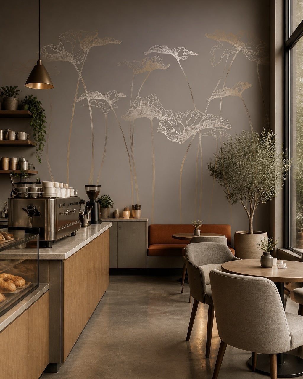 Gold line art flowers wallpaper in a specialty coffee shop.