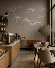 Gold line art flowers wallpaper in a specialty coffee shop.