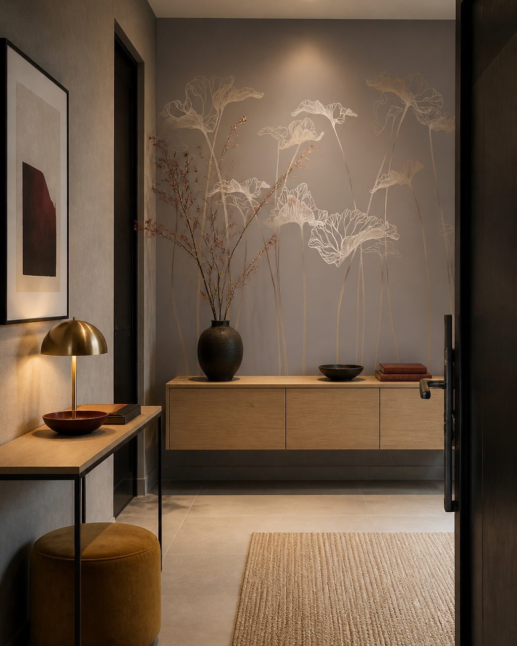 Gold line art flowers wallpaper in a refined foyer.