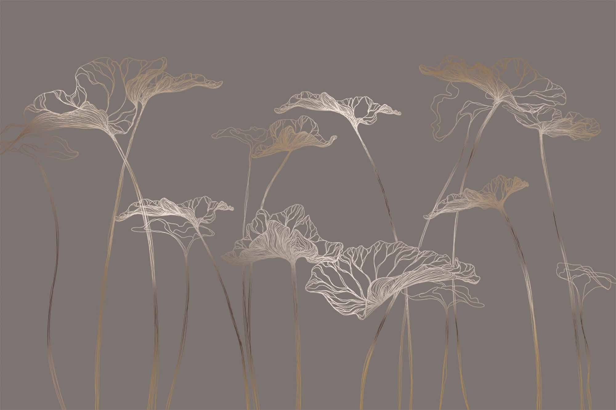 Elegant Gold Outline Floral Wall Mural on Soft Grey Background