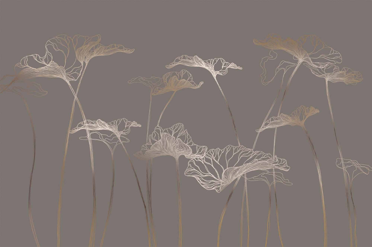 Bloemen in gouden lijntekening – elegant fotobehang op taupe