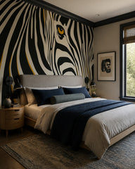 Zebra eye wallpaper in a designer bedroom.