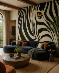Zebra eye wallpaper in a designer living room.