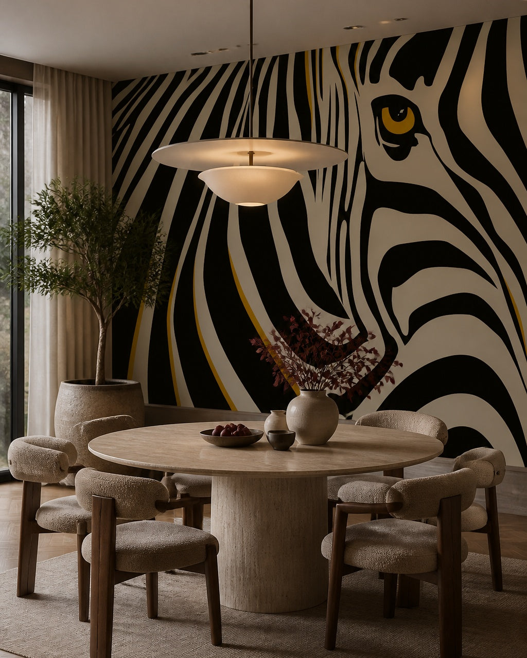 Zebra eye wallpaper in a refined dining area.