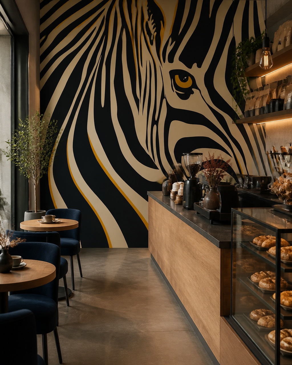 Zebra eye wallpaper in a specialty coffee shop.