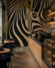 Zebra eye wallpaper in a specialty coffee shop.
