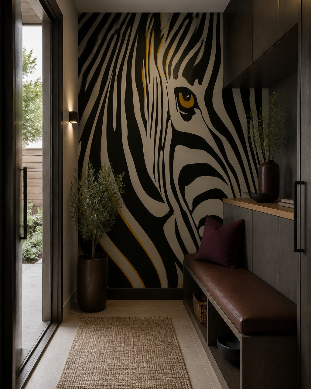 Zebra eye wallpaper in a refined foyer.