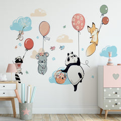 Custom Kids Wall Mural Hot Air Balloons Cartoon Animals Minimal Design Nursery Wallpaper