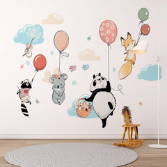 Custom Kids Wall Mural Hot Air Balloons Cartoon Animals Minimal Design Nursery Wallpaper