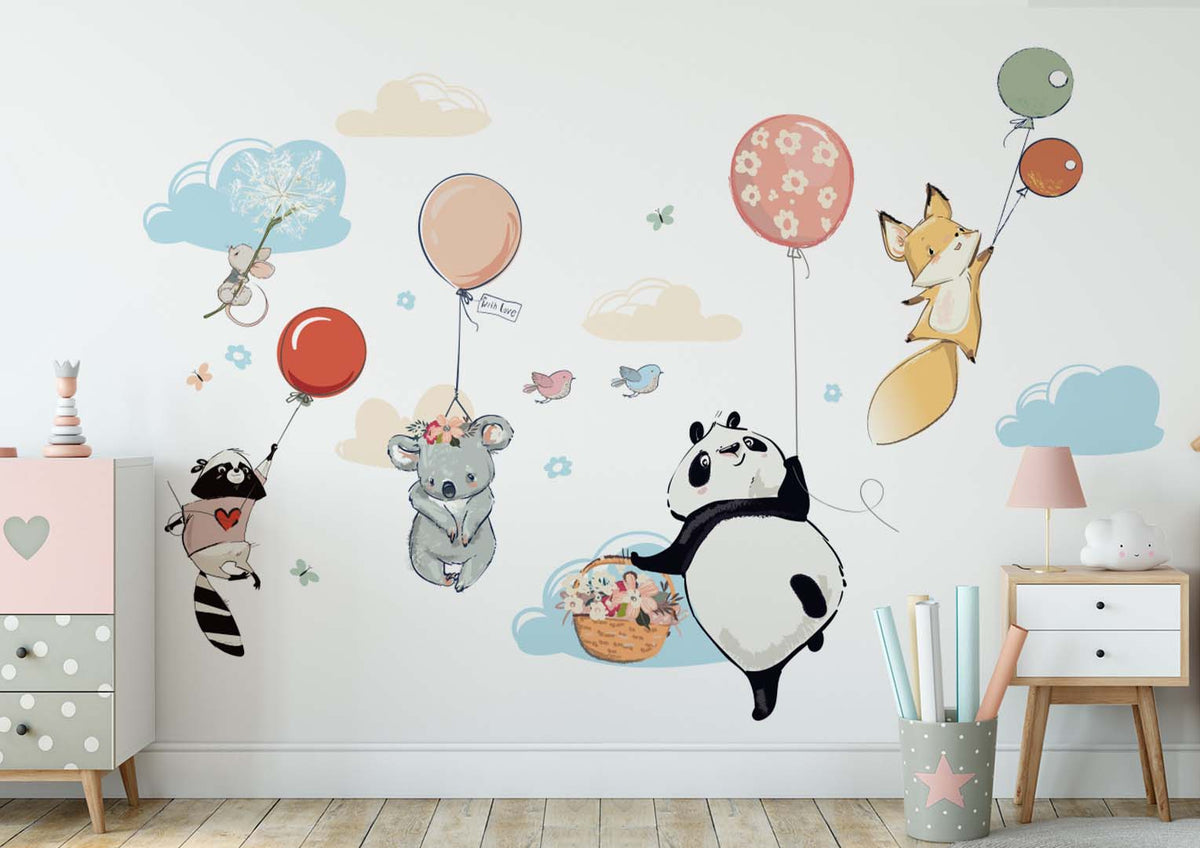 Custom Kids Wall Mural Hot Air Balloons Cartoon Animals Minimal Design Nursery Wallpaper